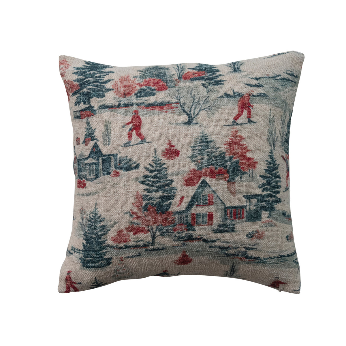 20" Square Cotton Slub Printed Pillow with Ski Scene