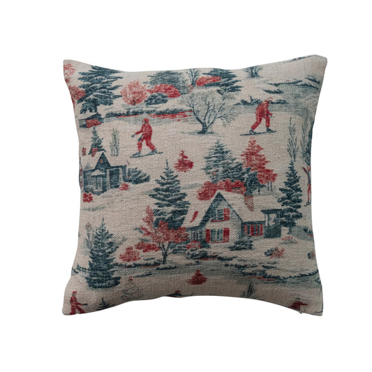 20" Square Cotton Slub Printed Pillow with Ski Scene