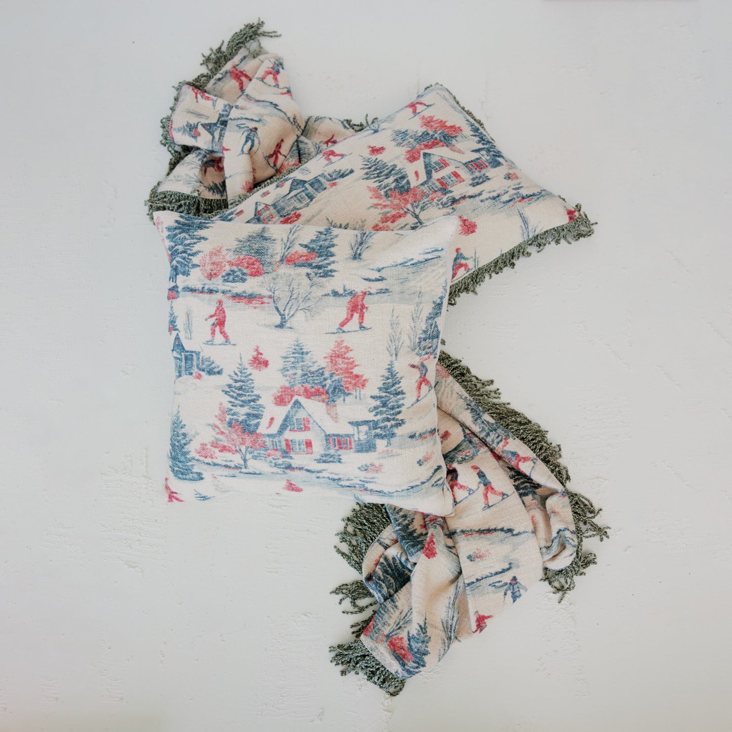 20" Square Cotton Slub Printed Pillow with Ski Scene