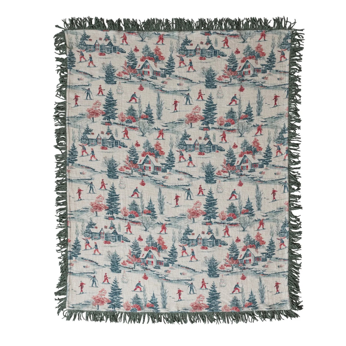 Cotton Slub Printed Throw with Ski Scene & Bullion Fringe