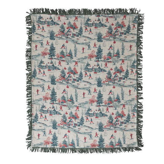 Cotton Slub Printed Throw with Ski Scene & Bullion Fringe