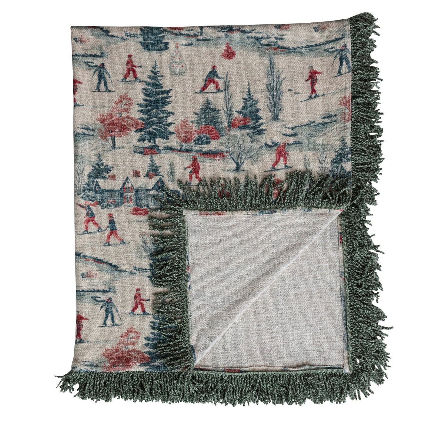 Cotton Slub Printed Throw with Ski Scene & Bullion Fringe