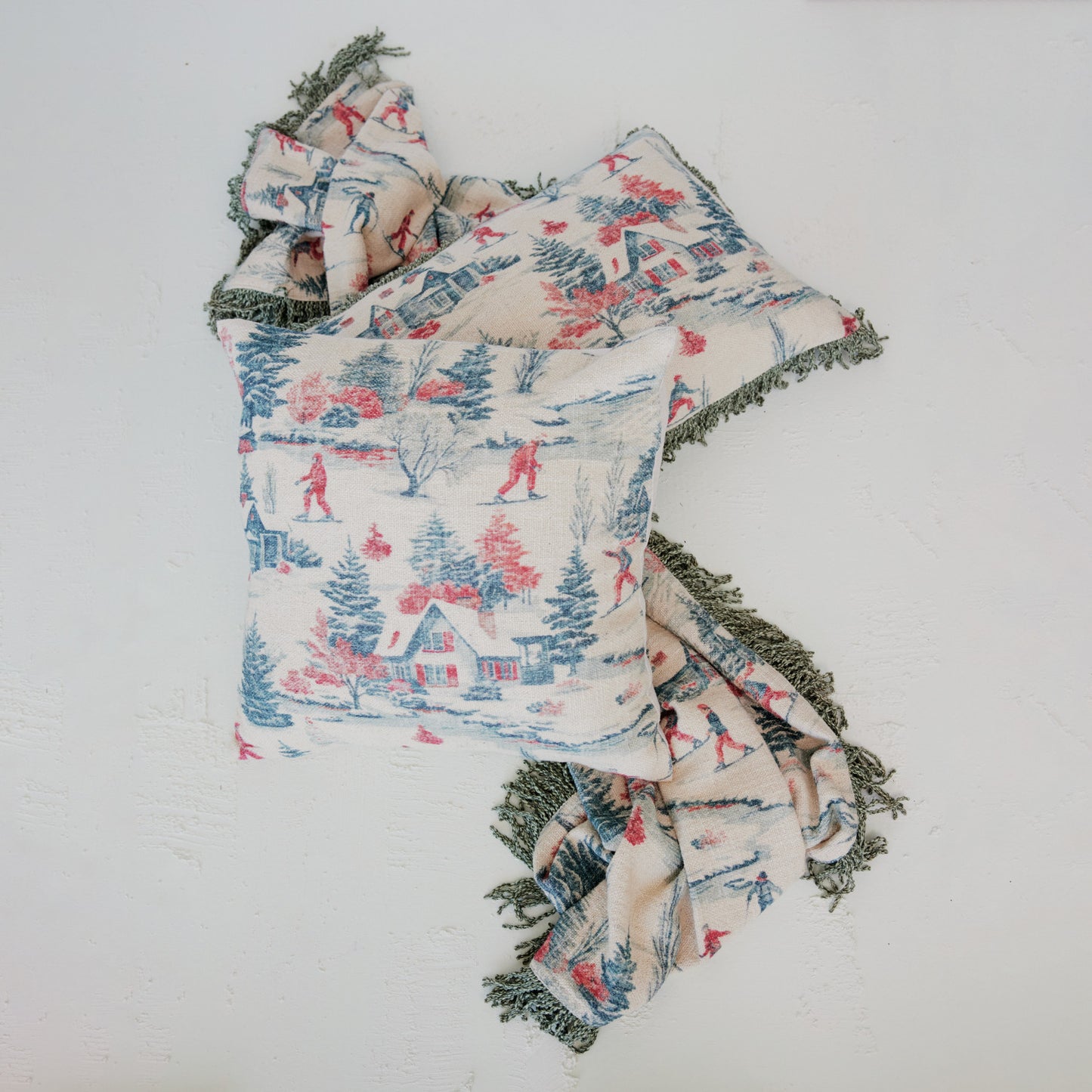 Cotton Slub Printed Throw with Ski Scene & Bullion Fringe