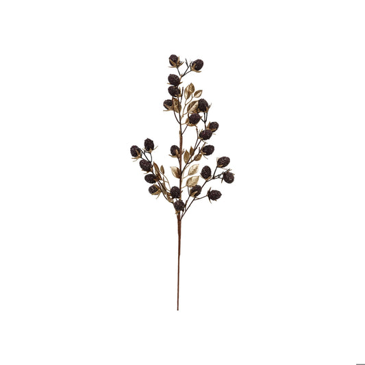 Faux Berry & Leaves Stem with Glitter, Gold Finish & Burgundy