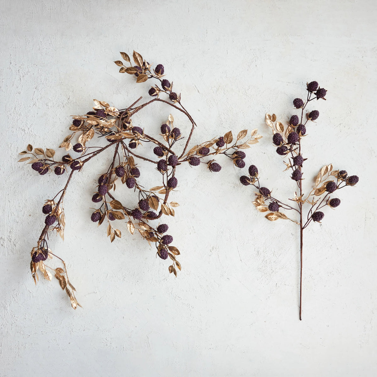 Faux Berry & Leaves Stem with Glitter, Gold Finish & Burgundy